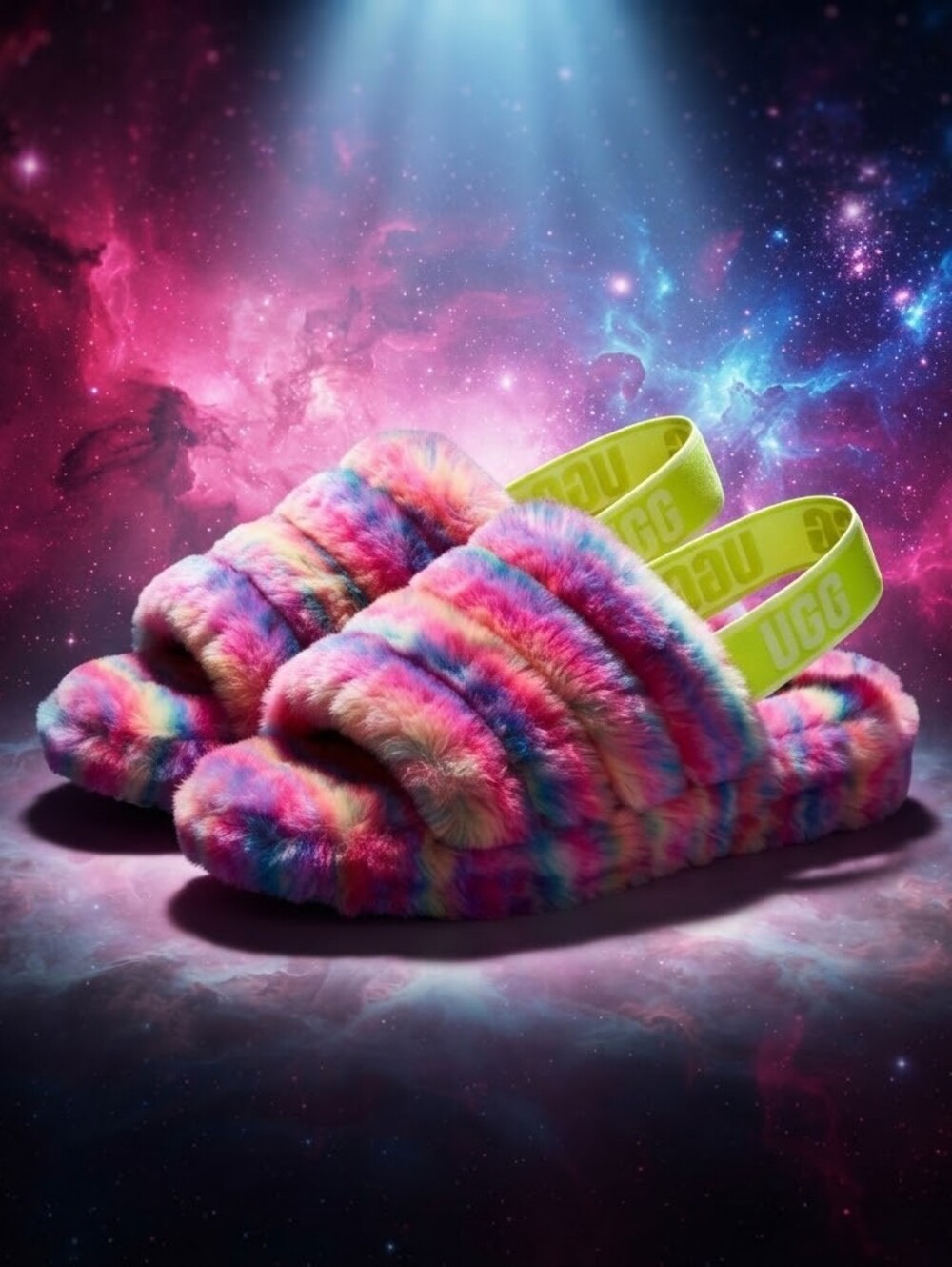 UGG Multicolor Plush Slide Slippers with Neon Back Strap